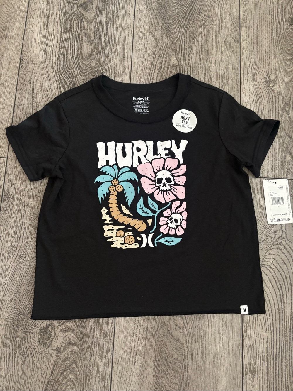 Hurley Black Tee with Pastel Floral Skull and Palm Graphic